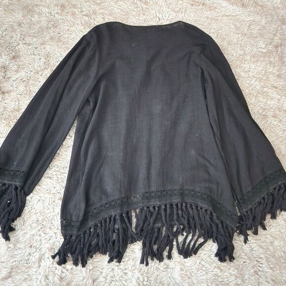 PPLA Clothing Open Front Fringe Hem Black Kimono Cardigan Women's Size Medium - Picture 2 of 10